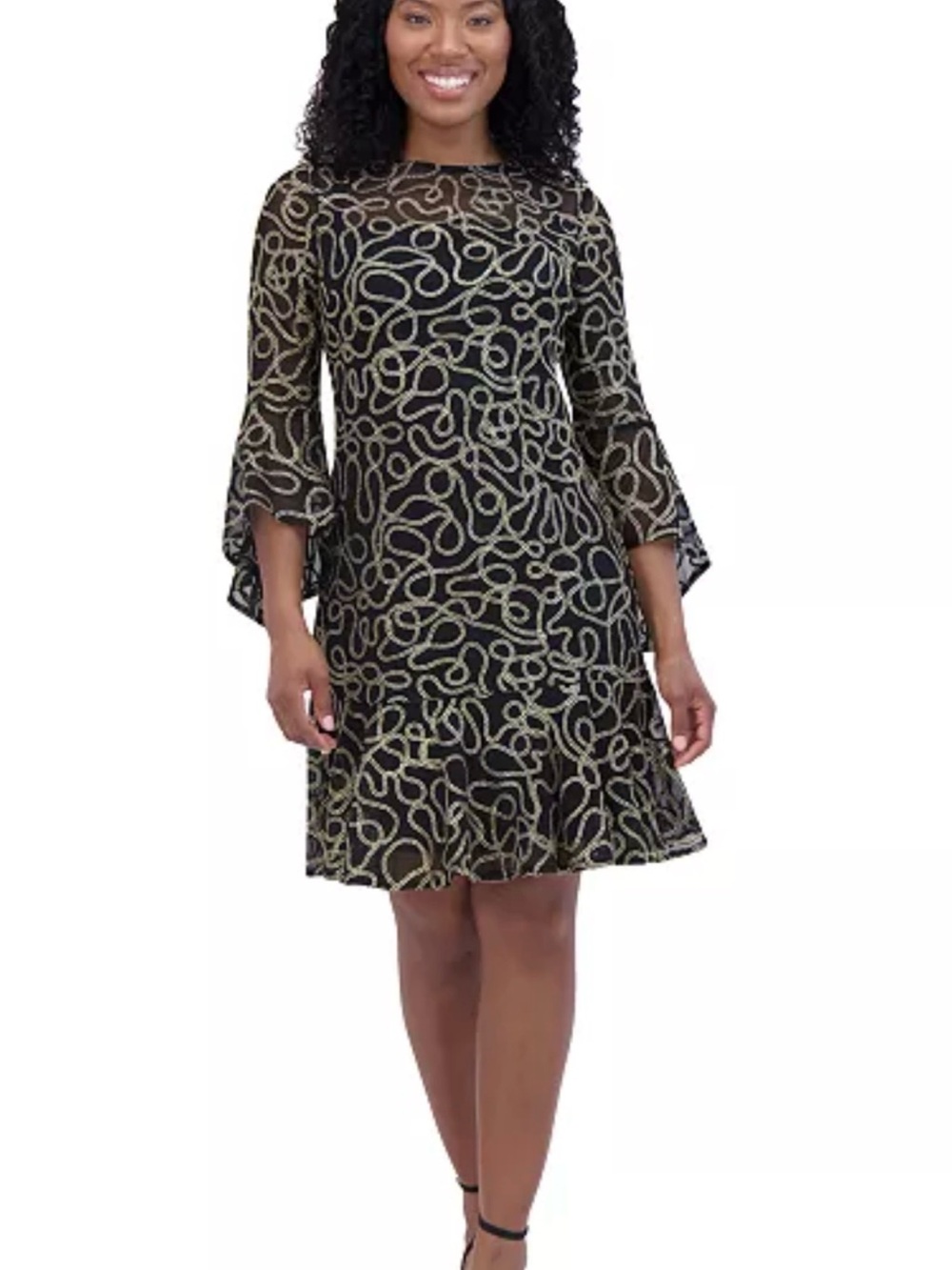 Jessica Howard Black Dress with Gold Swirl Pattern and Bell Sleeves